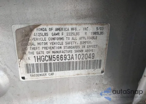 2003 Honda Accord 2.4 Ex from USA, damaged, VIN 1HGCM56693A102049